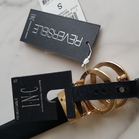 INC International Concepts Double Circle Reversible Faux Snakeskin/Cognac Belt S - Picture 2 of 6